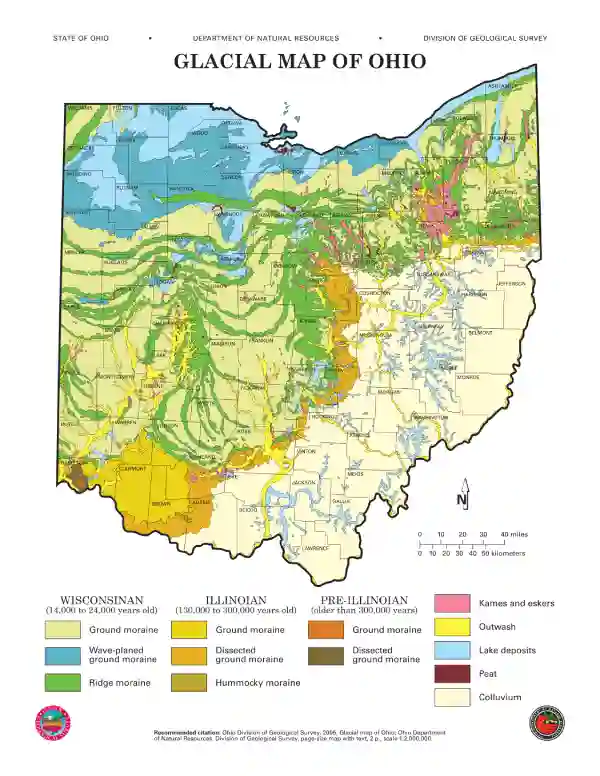 A map of the glaciated, unglaciated, and till zone areas in Ohio